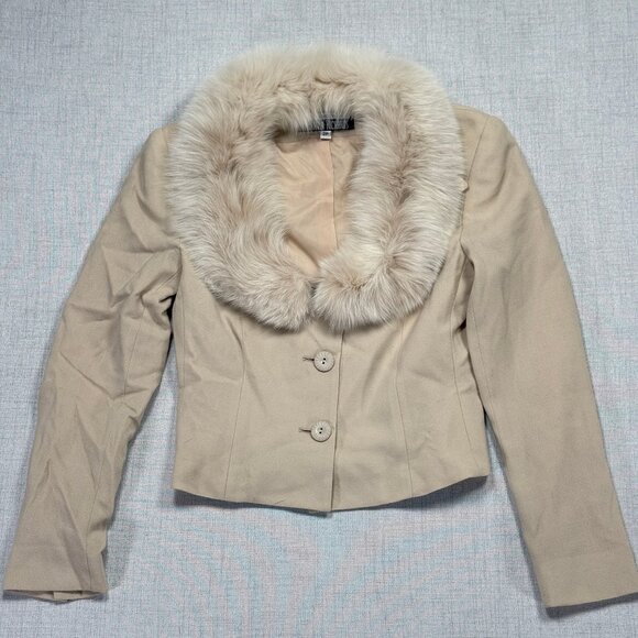 Vintage J. Percy for Marvin Richards Wool Jacket Faux Fur Collar Beige Size 2P - Picture 1 of 15
